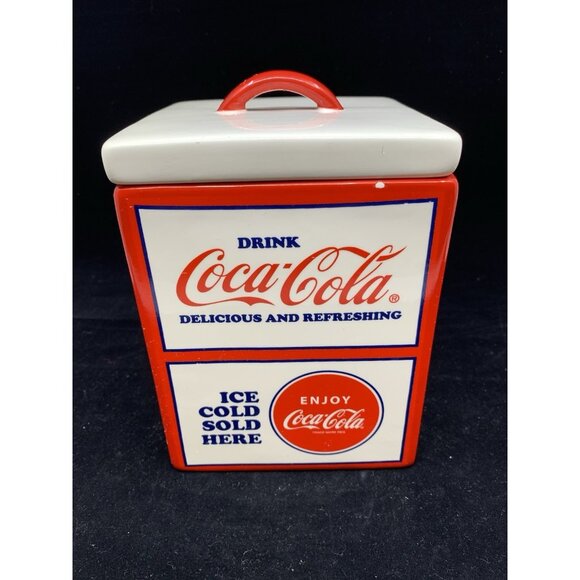 Square Coca-Cola Cannister 2008 Pacific Enterprises 7" Tall Porcelain Storage - Picture 5 of 13